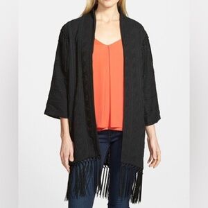 Sam Edelman Fringe trim embroidered black bohemian kimono cardigan